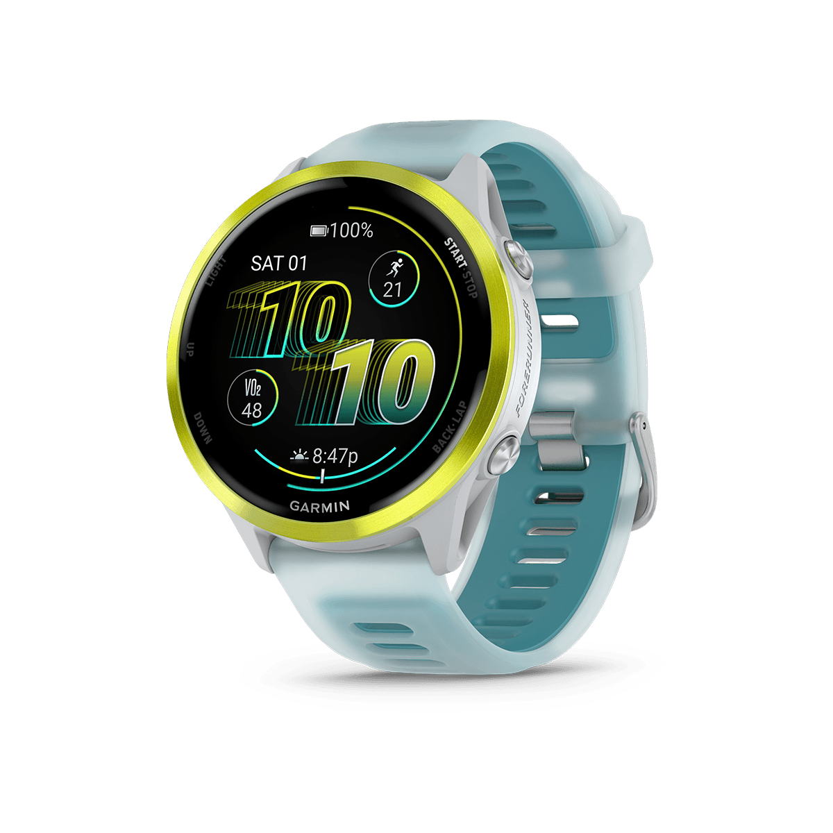 Forerunner570_47mm_AmpTurquoise_HR_Front-left_0000_FRx570_47mm_Yellow_Hero